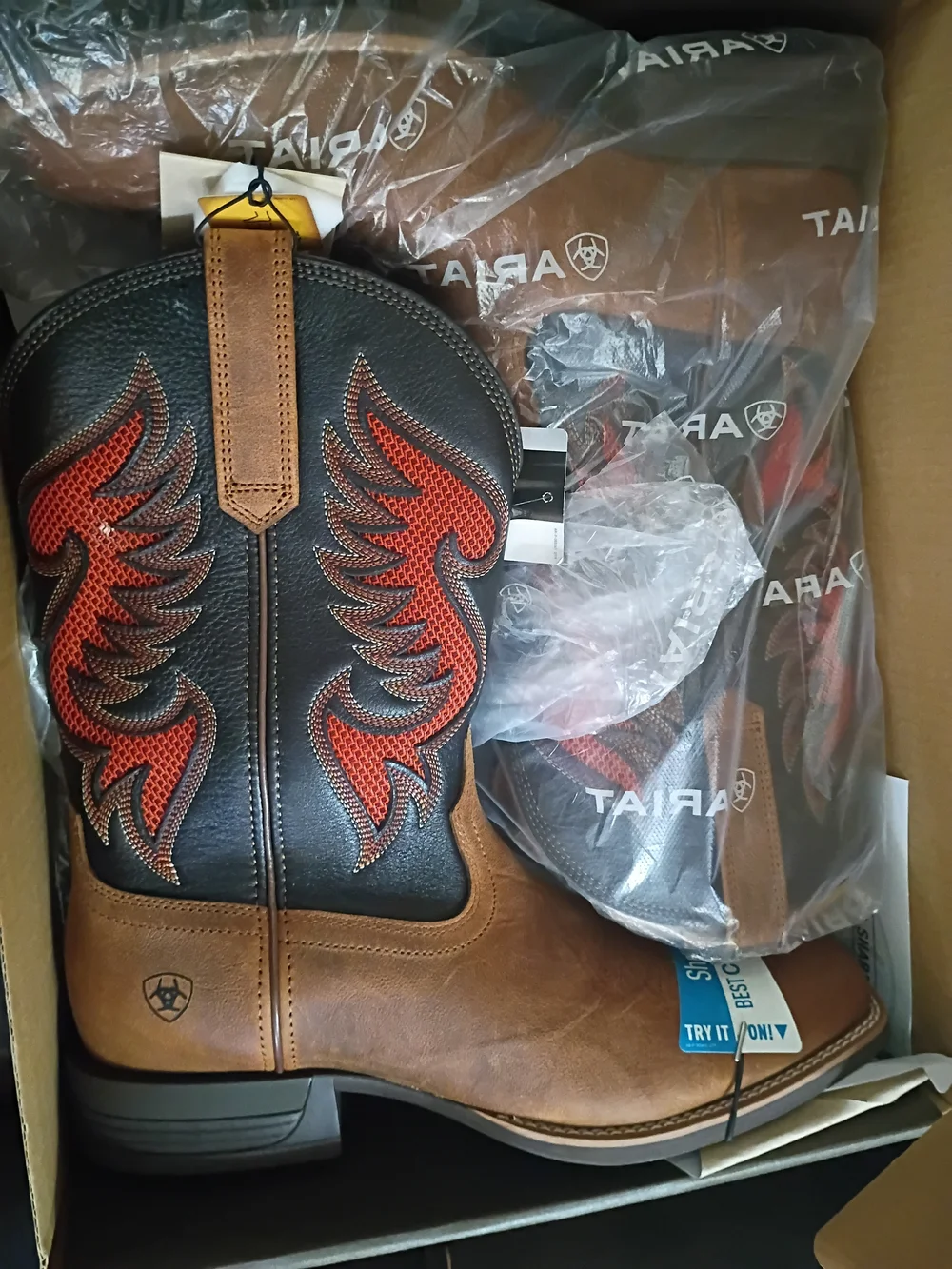 Ariat Men's Brown & Black Western / Boots with Red / Orange Stitching Size 13